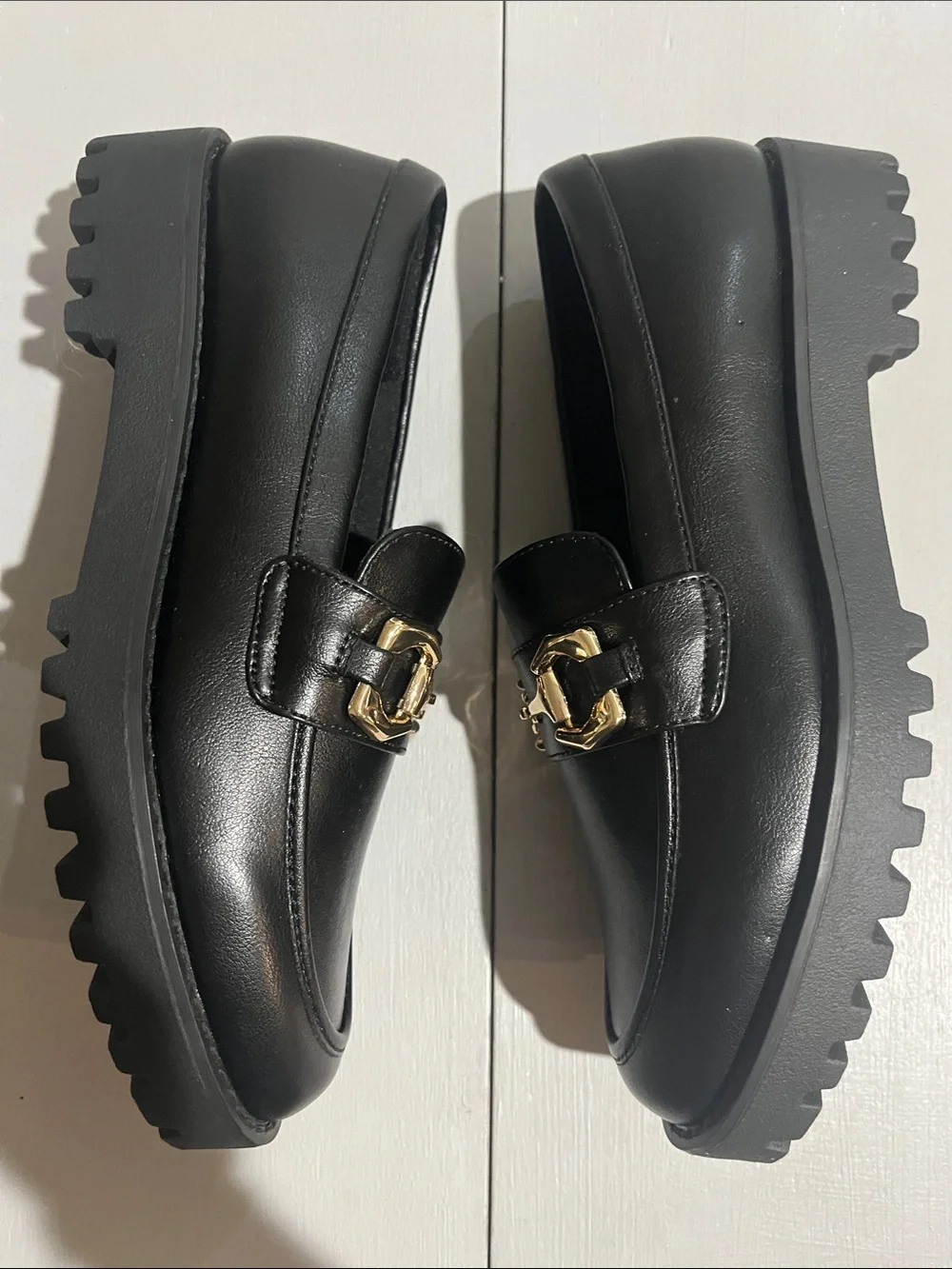 Black Platform Loafers with Gold Hardware